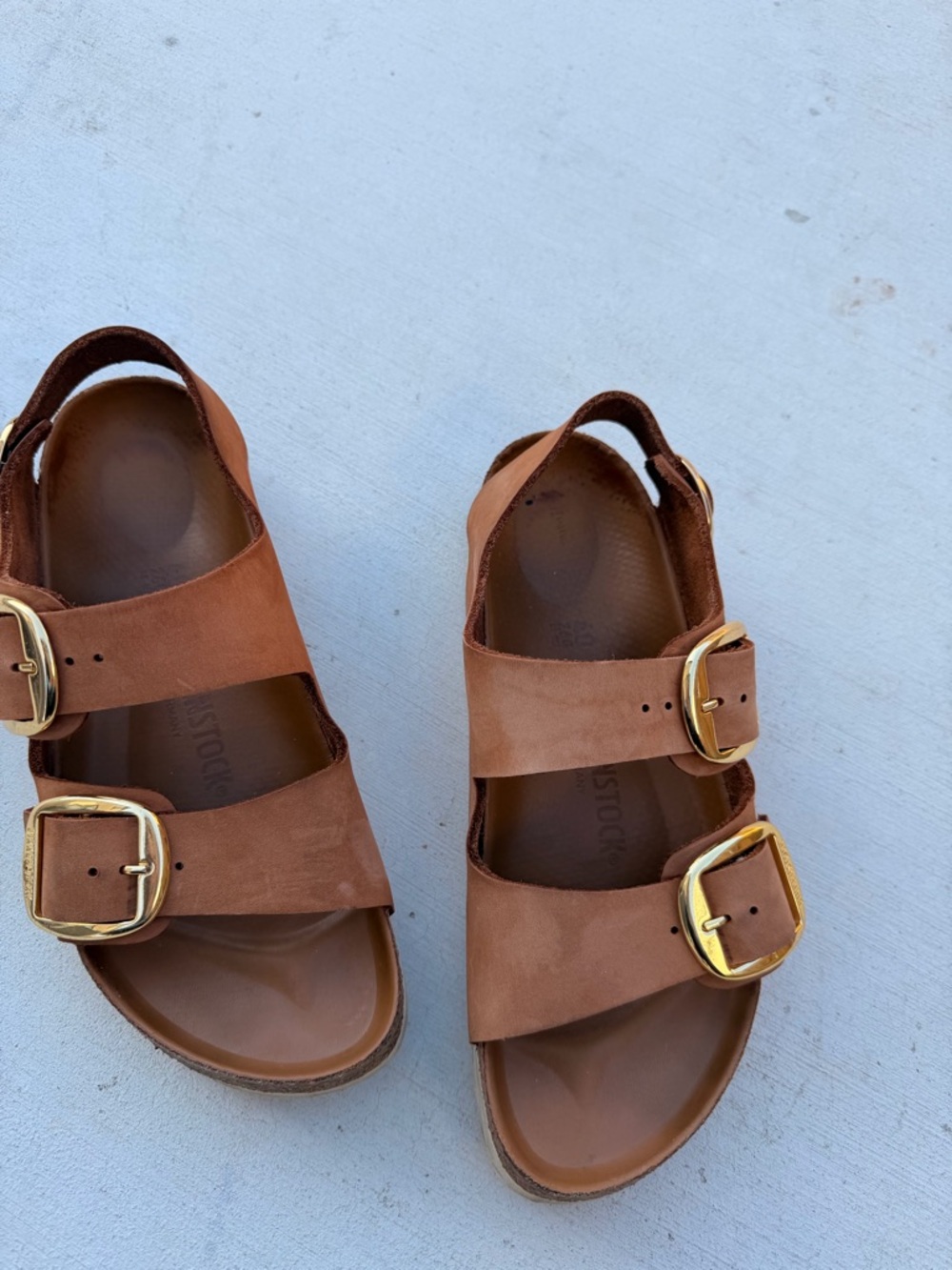 Birkenstock Womens Brown Suede Double Buckle Sandals with Gold Buckles